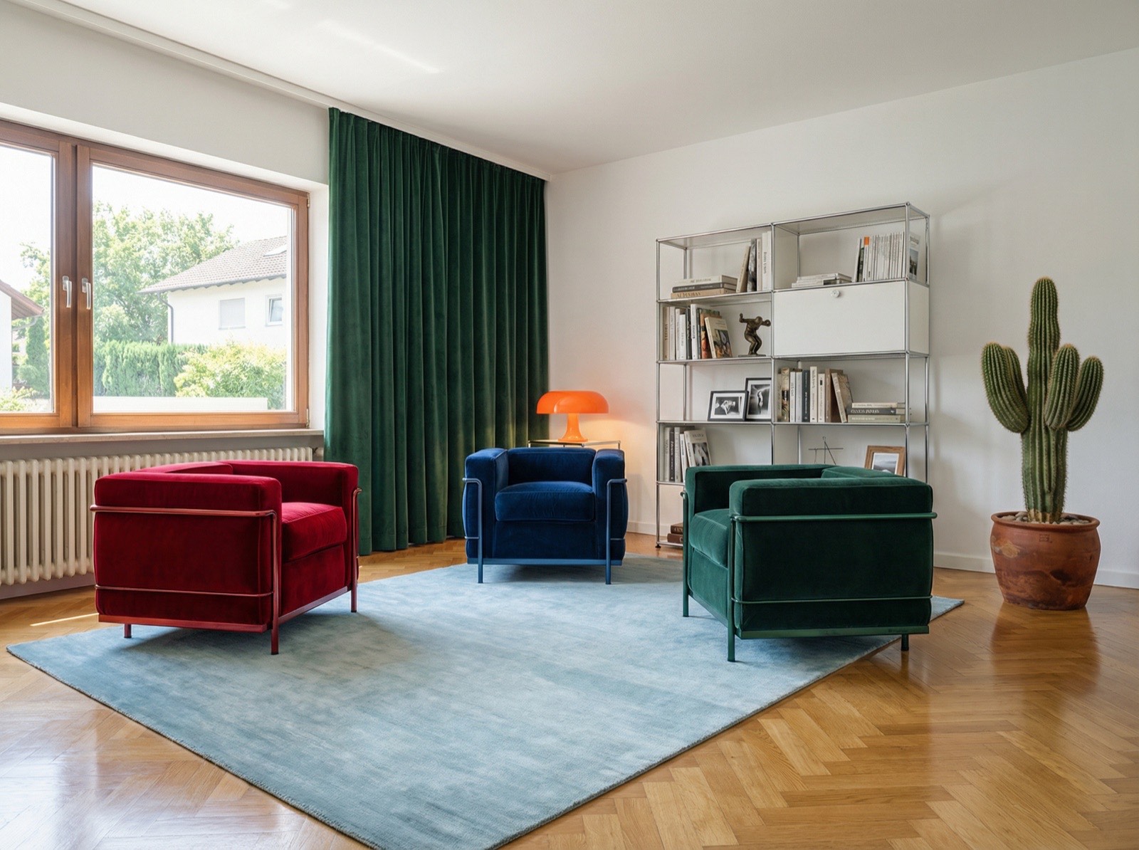 Virtuell inszeniertes Wohnzimmer mit farbigen Sesseln, Teppich und Regal